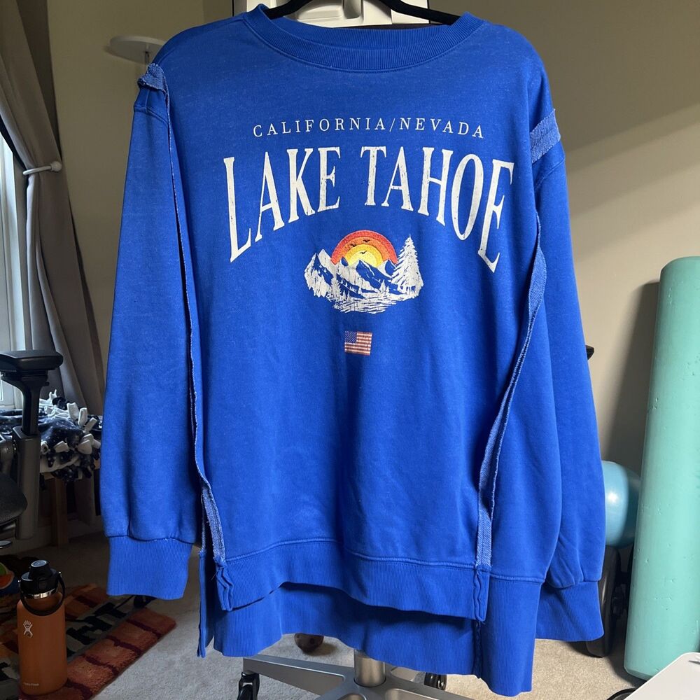 Lake Tahoe California Nevada Blue Crewneck Sweatshirt L/XL Goodie Two Sleeves